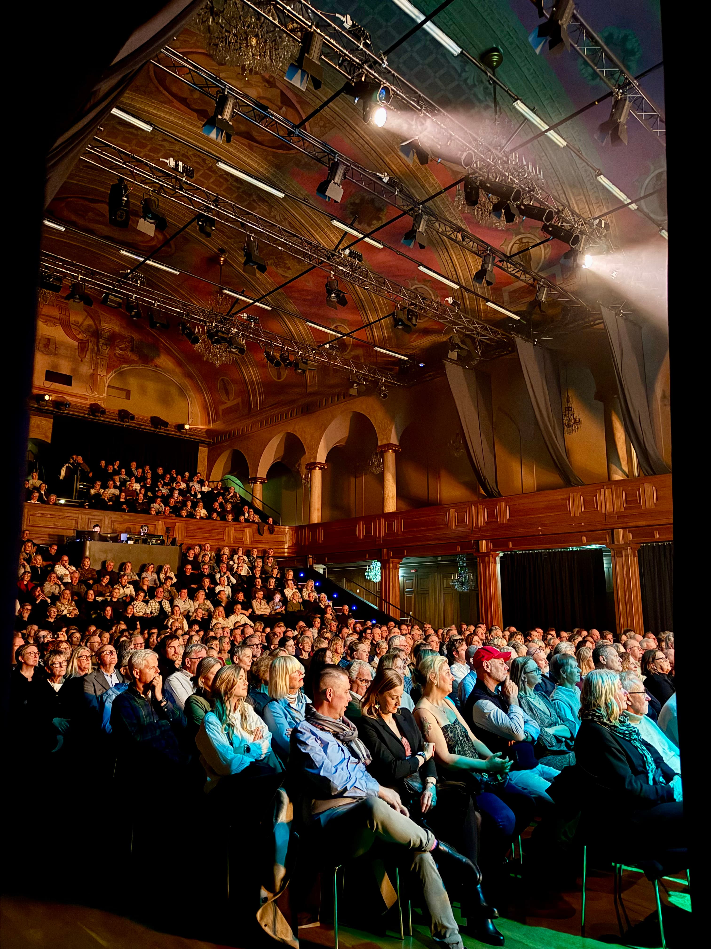Fullsatt Salong med publik på parkett och balkong under de målade taken